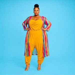 Vibrant Yellow and Multicolor Jumpsuit/Cardigan 2pcs